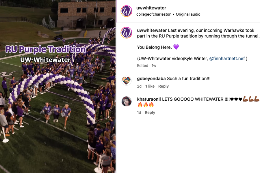 The UW-Whitewater Instagram page showing the university logo and some purple icons.